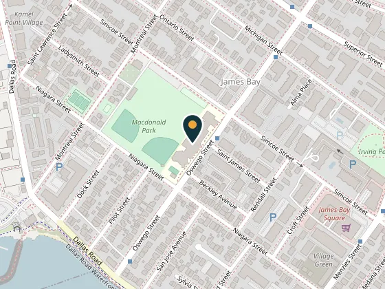 Map showing James Bay Community Centre, 140 Oswego Street, Victoria